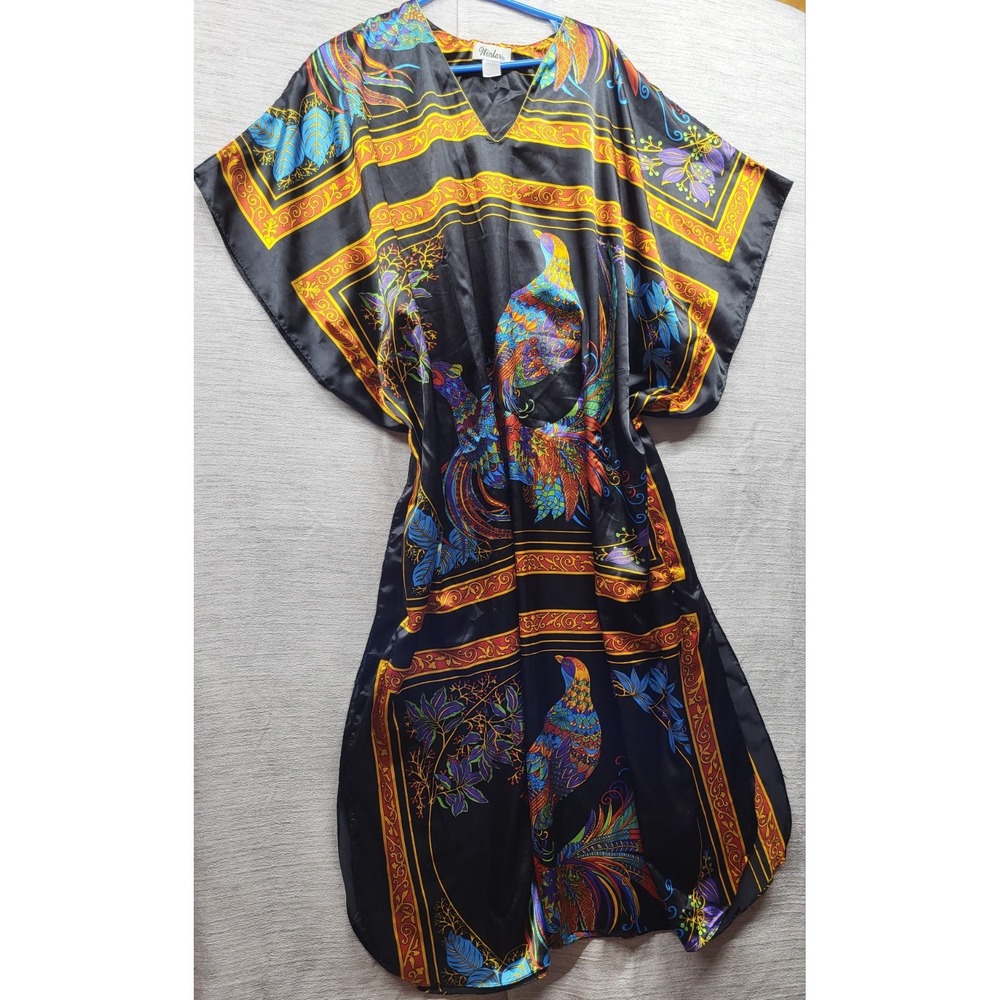 Winlar Women Black Kaftan Dress One Size V-Neck Peacock Floral Satin Lounge Maxi